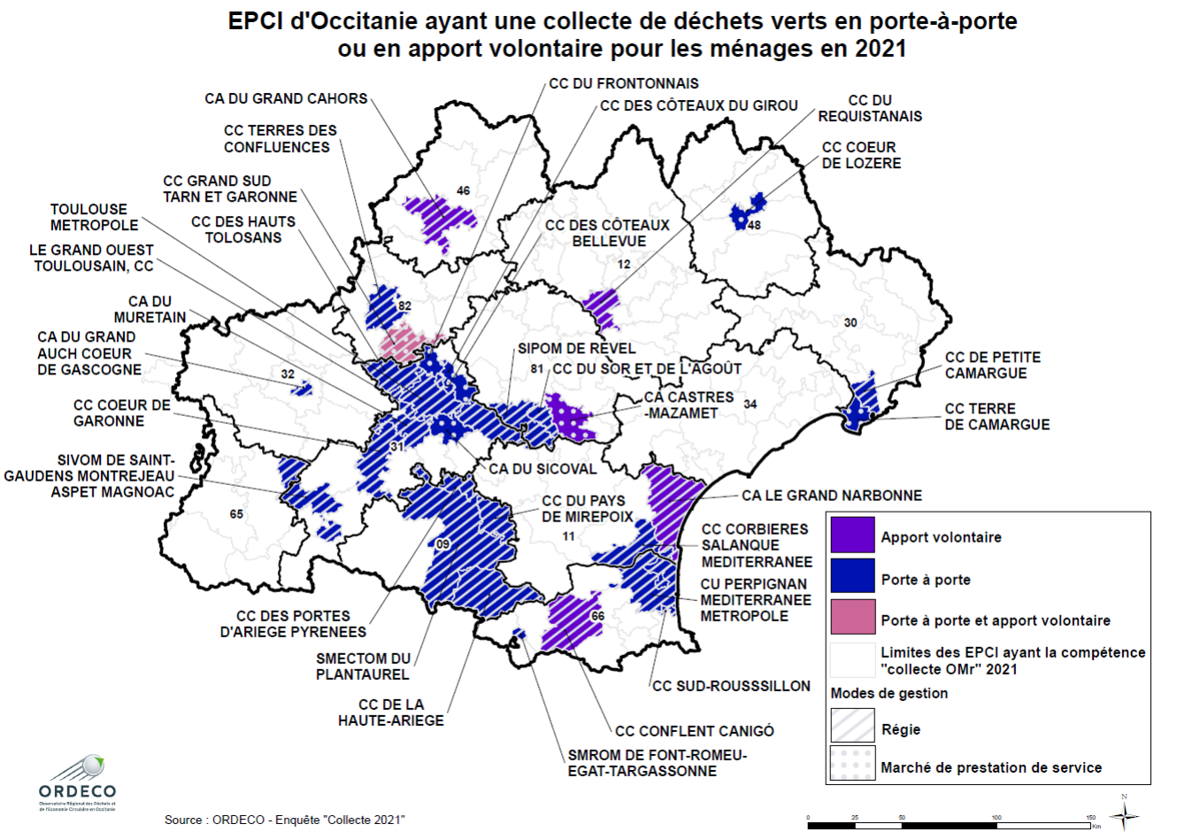 EPCI d'Occitanie ayant une collecte de déchets verts en porte-à-porte ou en apport volontaire pour les ménages en 2021